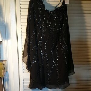 NWT Aidan black beaded one shoulder short chiffon evening dress sz 8